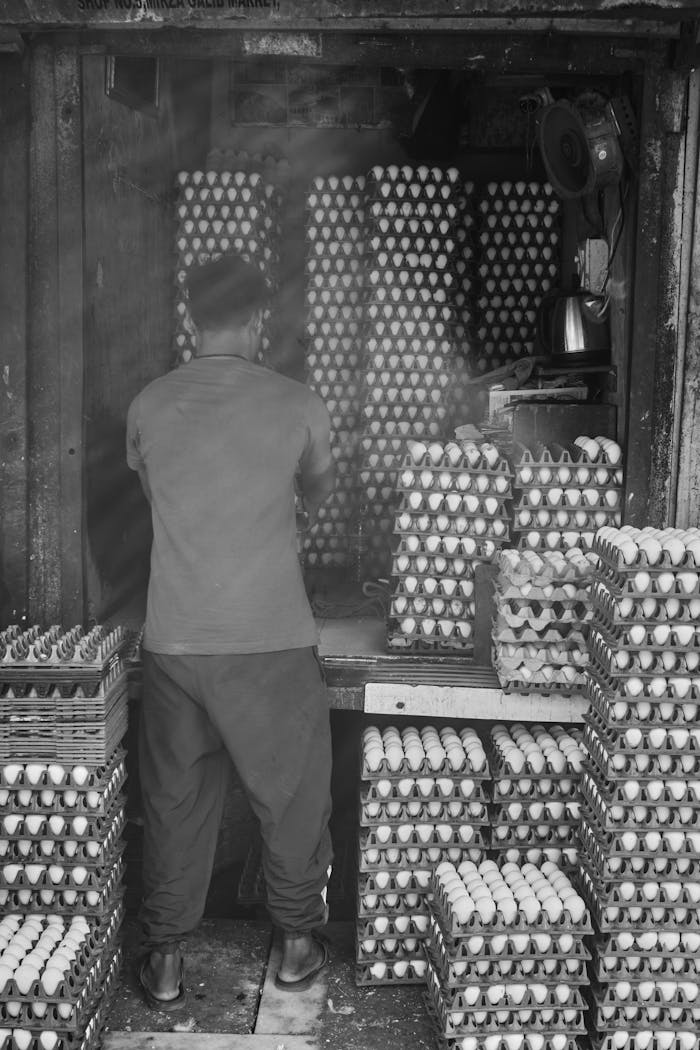 Monochrome view of a man organizing eggs in a storage facility with tall stacks.